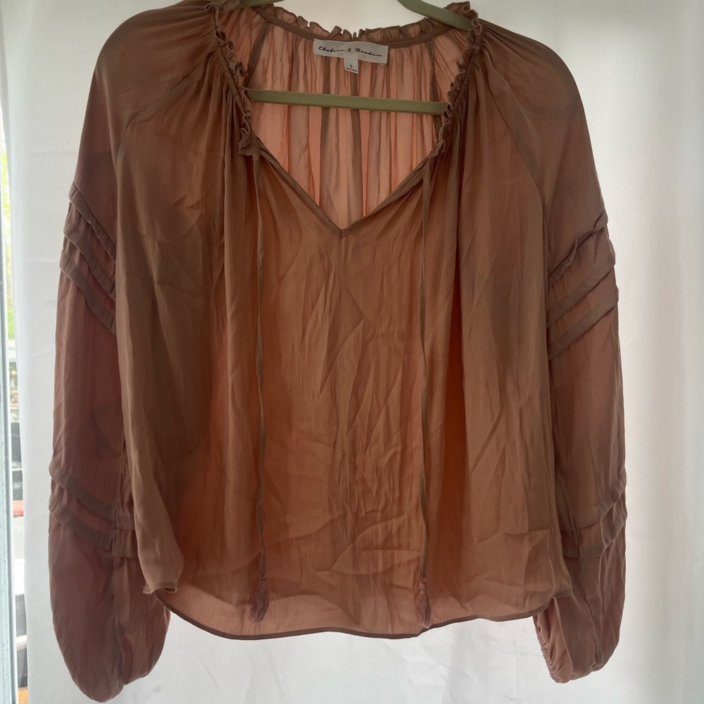 Gibson Latimer Sheer Rust Brown Peasant Blouse Small